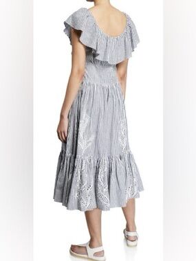 Tory Burch Blue and White Striped Ruffle Midi Dress